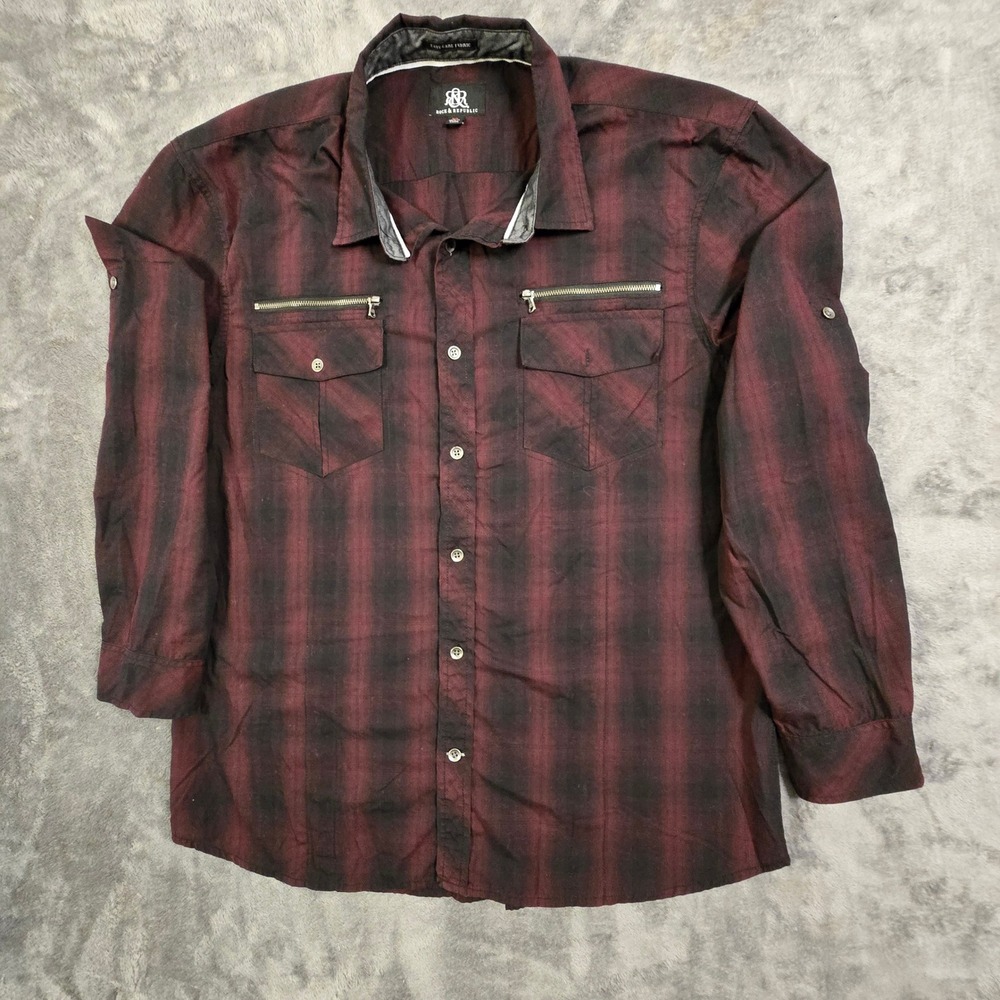 Rock & Republic Shirt Men's XL Burgundy Black Plaid Button Down‎ Pockets Grunge